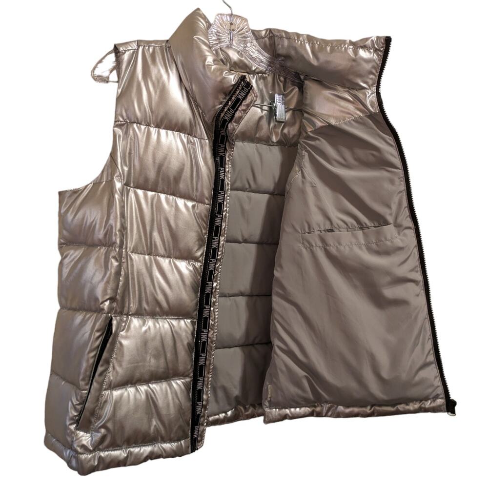 PINK Victoria's Secret Zip Up Puffer Vest Love Pink Silver Metallic Women's M